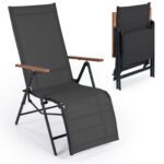 Costway 1 Sedia da giardino reclinabile con schienale regolabile a 6 posizioni e tessuto traspirante, Lettino prendisole pieghevole portata 150 kg Nero - immagine 5