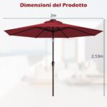Costway Ombrellone con luci LED da giardino in ferro Ø300cm Parasole da esterno spaggia Rosso Bordeaux - immagine 29
