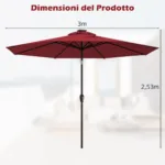 Costway Ombrellone con luci LED da giardino in ferro Ø300cm Parasole da esterno spaggia Rosso Bordeaux - immagine 203