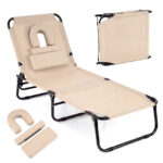 Costway 2*Sedia pieghevole con foro per il viso cuscini rimovibili schienale regolabile in 5 livelli, Sedia a sdraio Beige - immagine 4
