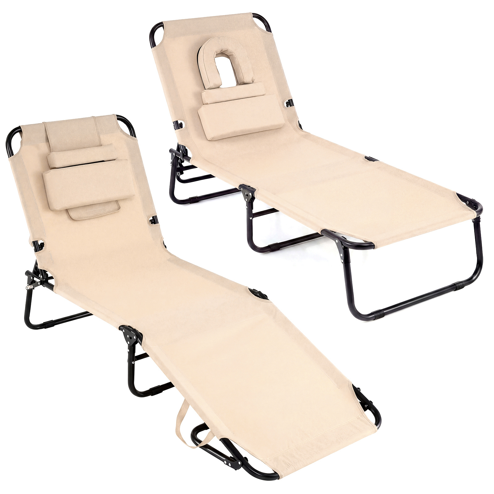 2-Sedia-pieghevole-con-foro-per-il-viso-cuscini-rimovibili-schienale-regolabile-in-5-livelli-mediaId104471655-1778654391.jpg Costway 2*Sedia pieghevole con foro per il viso cuscini rimovibili schienale regolabile in 5 livelli, Sedia a sdraio Beige - immagine 1