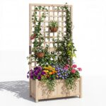 Costway 2 in 1 Fioriera con traliccio grigliato per piante rampicanti pannello rimovibile e fori di drenaggio, Letto orto rialzato in legno Naturale - immagine 4