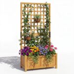 Costway 2 in 1 Fioriera con traliccio grigliato per piante rampicanti pannello rimovibile e fori di drenaggio, Letto orto rialzato in legno Arancione - immagine 4