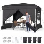 Costway 3x3m Gazebo da esterno in tessuto oxford con parete rimovibili finestre trasparenti porta, Tendone da giardino pieghevole Nero - immagine 4