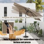 Costway Ombrellone con luci LED da giardino in ferro Ø300cm Parasole da esterno spaggia Marrone - immagine 30
