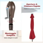 Costway Ombrellone con luci LED da giardino in ferro Ø300cm Parasole da esterno spaggia Rosso Bordeaux - immagine 171
