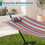 Costway Amaca da giardino in cotone con struttura metallica e cuscino, Amaca portatile con 200kg per spiaggia campeggio terrazza - immagine 7