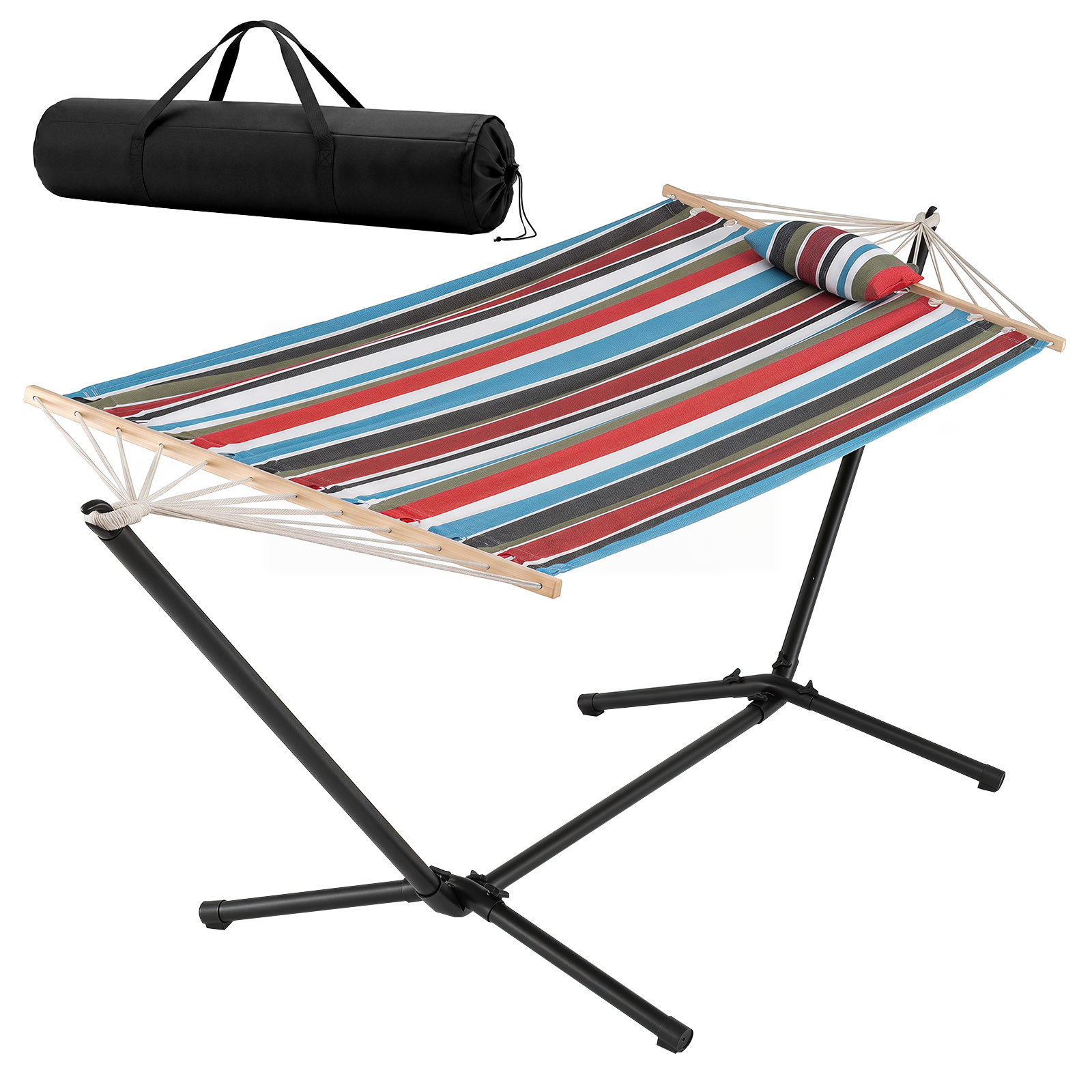 Amaca-da-giardino-in-cotone-con-struttura-metallica-e-cuscino-mediaId105163910-1783907552.jpg Costway Amaca da giardino in cotone con struttura metallica e cuscino, Amaca portatile con 200kg per spiaggia campeggio terrazza - immagine 1