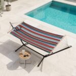 Costway Amaca da giardino in cotone con struttura metallica e cuscino, Amaca portatile con 200kg per spiaggia campeggio terrazza - immagine 3