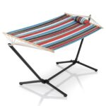 Costway Amaca da giardino in cotone con struttura metallica e cuscino, Amaca portatile con 200kg per spiaggia campeggio terrazza - immagine 4