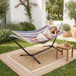 Costway Amaca da giardino in cotone con struttura metallica e cuscino, Amaca portatile con 200kg per spiaggia campeggio terrazza - immagine 2