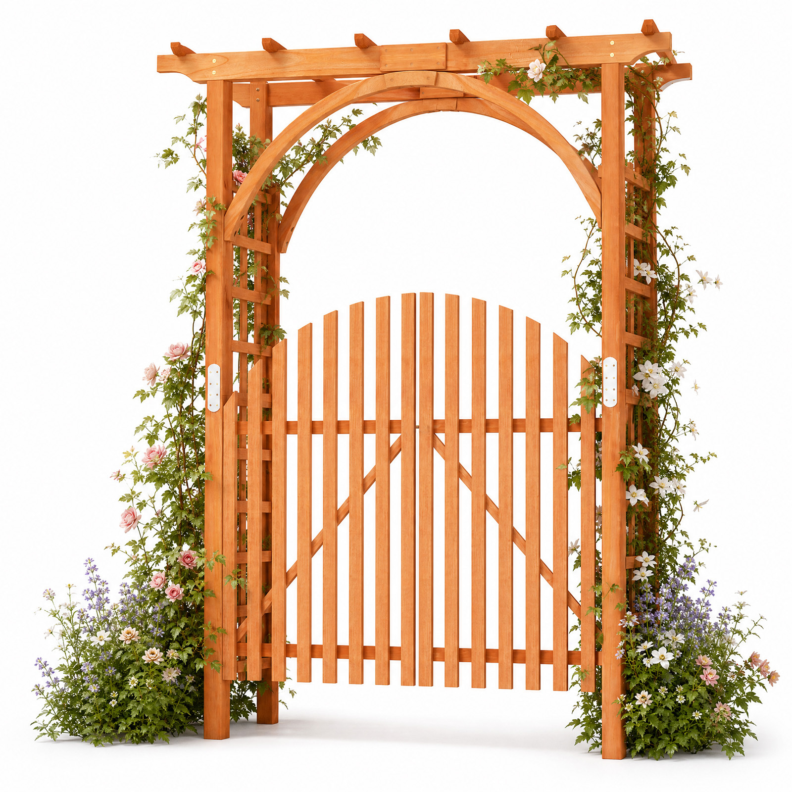 Arco-da-giardino-in-legno-di-abete-con-cancello-e-serratura-mediaId105165630-1783923957.jpg Costway Arco da giardino in legno di abete con cancello e serratura, Pergolato decorativo per rampicanti per matrimoni e feste - immagine 1