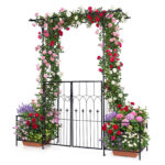 Costway Arco da giardino in metallo con porte e fioriere, Traliccio pergolato decorativo per piante rampicanti vite e rose