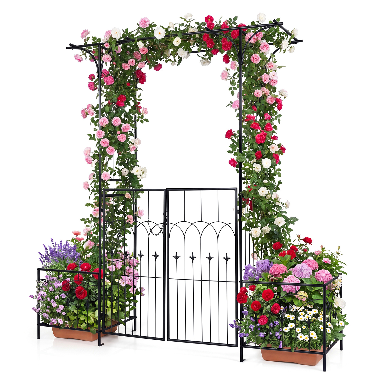 Arco-da-giardino-in-metallo-con-porte-e-fioriere-mediaId105127737-1781594360.jpg Costway Arco da giardino in metallo con porte e fioriere, Traliccio pergolato decorativo per piante rampicanti vite e rose - immagine 1