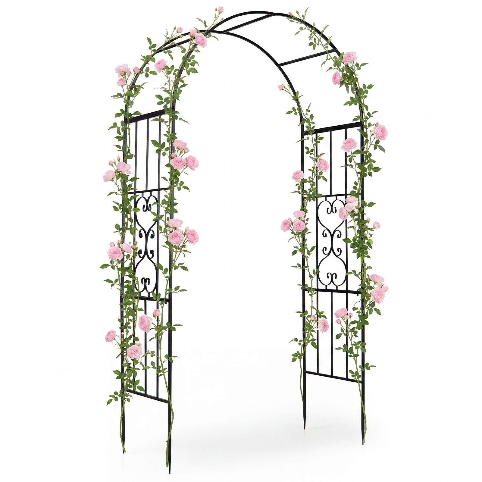 Arco-da-giardino-metallico-con-tetto-curvo-e-4-piedi-a-punta-mediaId105159435-1783502461.jpg Costway Arco da giardino metallico con tetto curvo e 4 piedi a punta, Traliccio per rampicanti traforato per matrimonio e feste - immagine 1