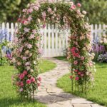 Costway Arco per rampicanti da giardino robusta struttura in metallo, L'arco da giardino elegante motivo floreale decorazione per festa e matrimonio - immagine 3