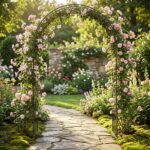 Costway Arco per rampicanti da giardino robusta struttura in metallo, L'arco da giardino elegante motivo floreale decorazione per festa e matrimonio - immagine 4
