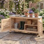 Costway Armadietto da giardino legno di abete con piano in acciaio inox 2 ante a persiana e ripiano, Armadietto mobile contenitore per uso interno ed esterno - immagine 3