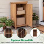 Costway Armadio da esterno in legno massello con ripiano rimovibile, Casetta porta attrezzi con porta e coperchio apribile - immagine 7