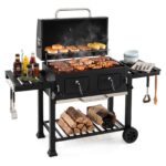 Costway Barbecue a carbone con ruote griglia regolabile in altezza e tavolini laterali, Barbecue portatile affumicatore - immagine 3