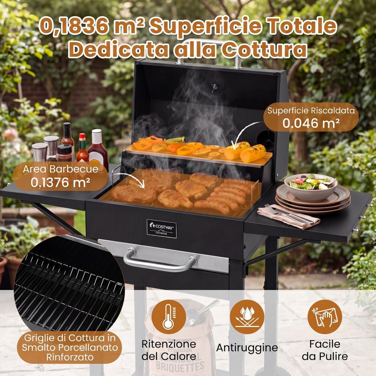 Costway Barbecue a carbonella con tavolini laterali griglia di cottura termometro e 2 ruote, Forno bbq per campeggio e picnic - immagine 6