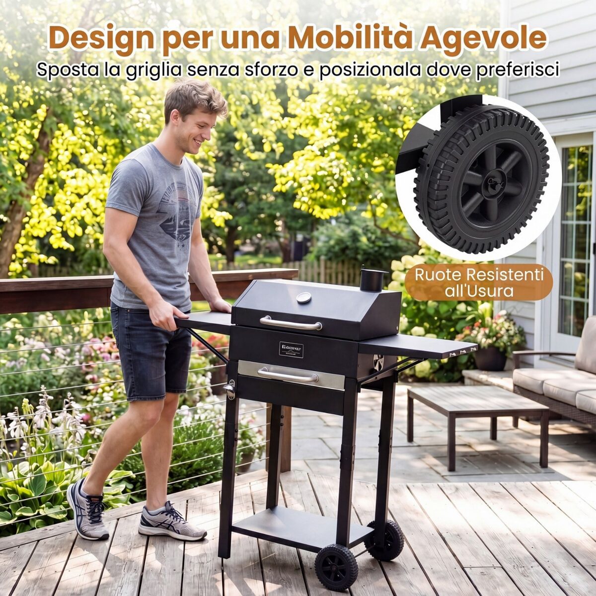 Costway Barbecue a carbonella con tavolini laterali griglia di cottura termometro e 2 ruote, Forno bbq per campeggio e picnic - immagine 7