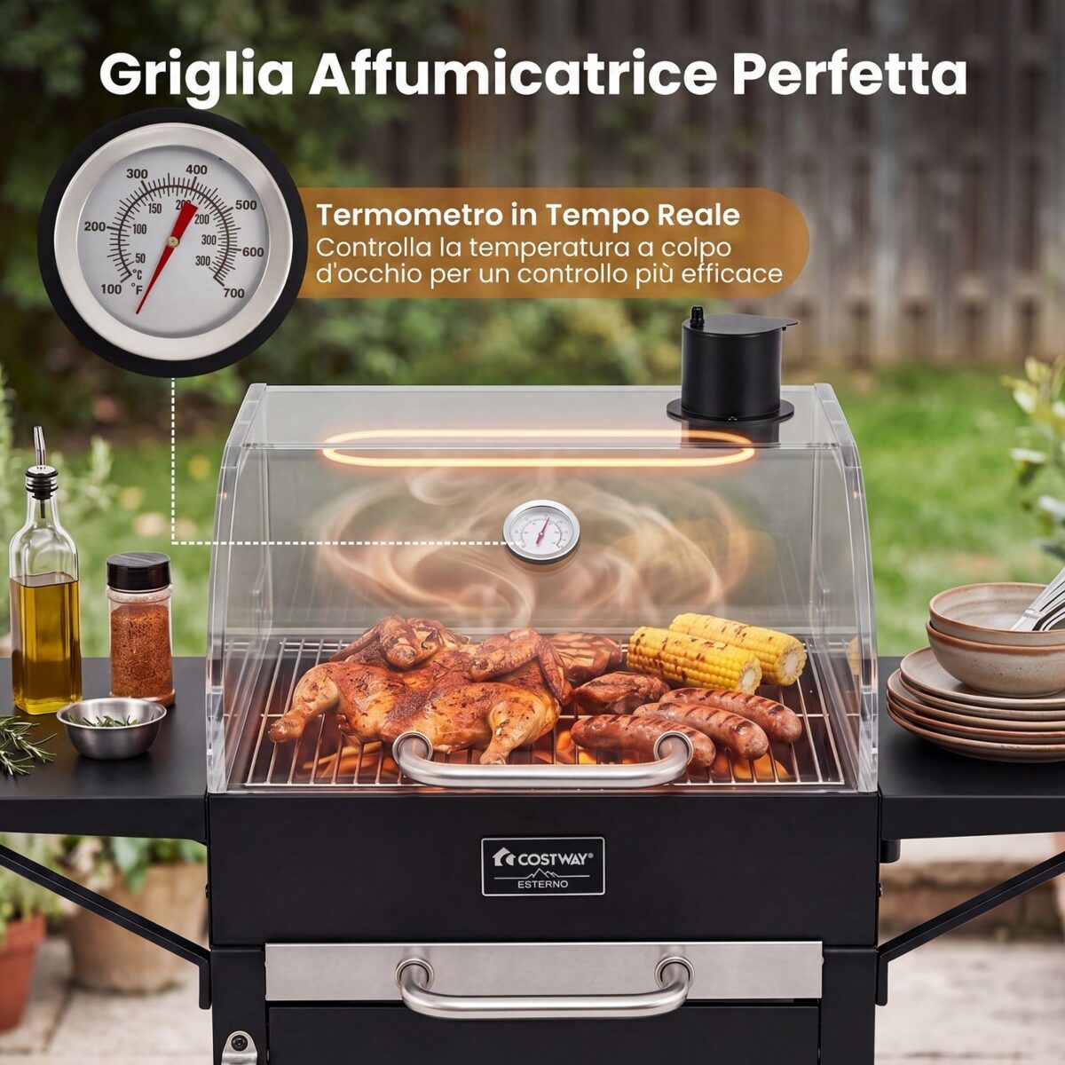 Costway Barbecue a carbonella con tavolini laterali griglia di cottura termometro e 2 ruote, Forno bbq per campeggio e picnic - immagine 8