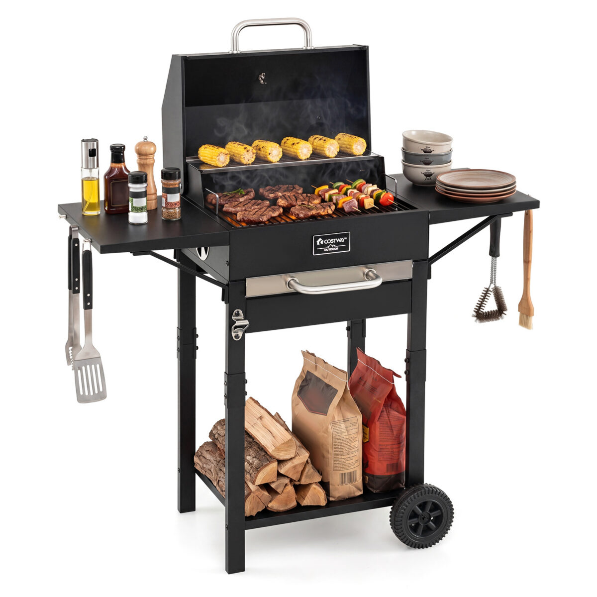 Costway Barbecue a carbonella con tavolini laterali griglia di cottura termometro e 2 ruote, Forno bbq per campeggio e picnic - immagine 3