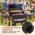Costway Barbecue a carbonella con tavolini laterali griglia di cottura termometro e 2 ruote, Forno bbq per campeggio e picnic - immagine 9