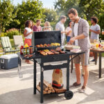 Costway Barbecue a carbonella con tavolini laterali griglia di cottura termometro e 2 ruote, Forno bbq per campeggio e picnic - immagine 2