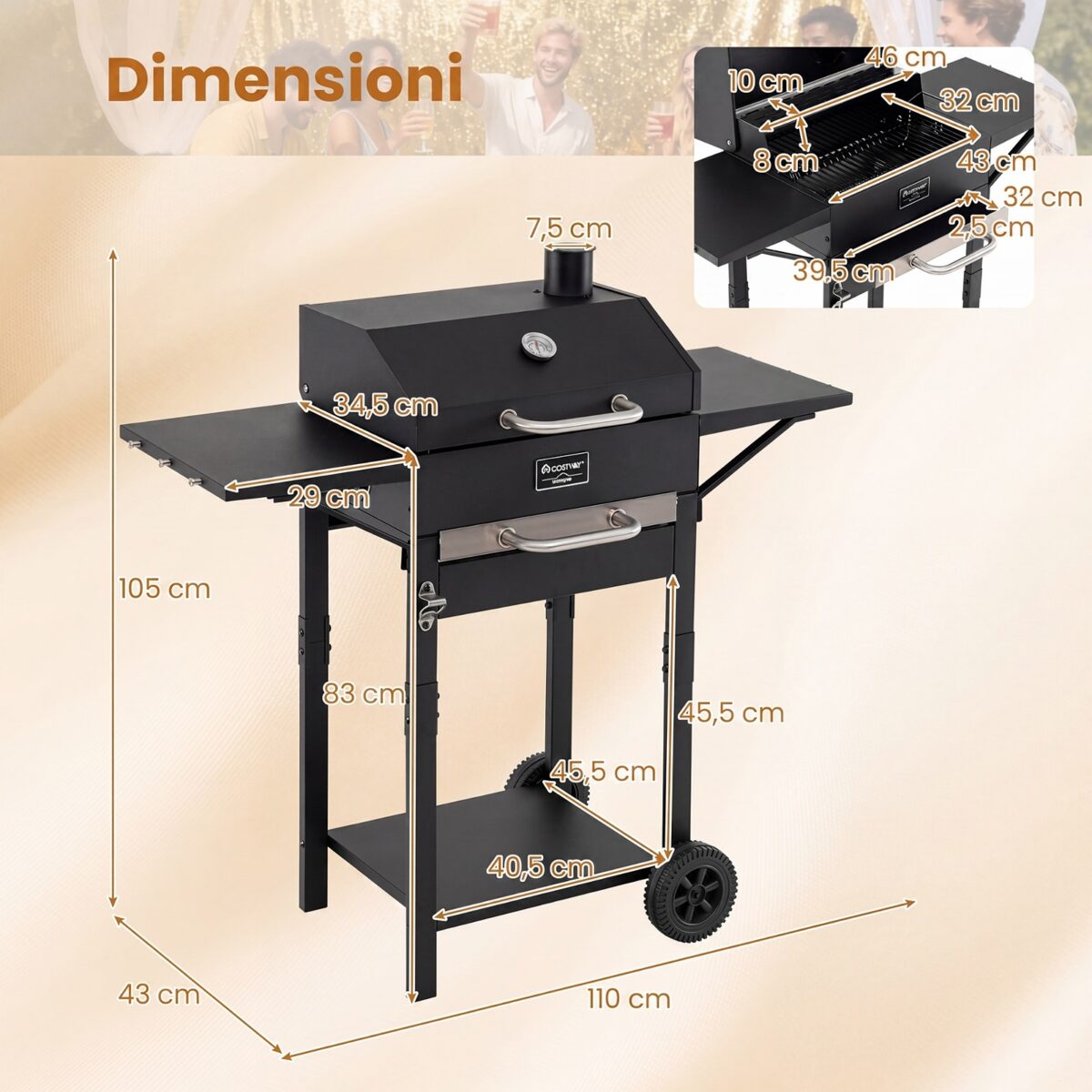 Costway Barbecue a carbonella con tavolini laterali griglia di cottura termometro e 2 ruote, Forno bbq per campeggio e picnic - immagine 4