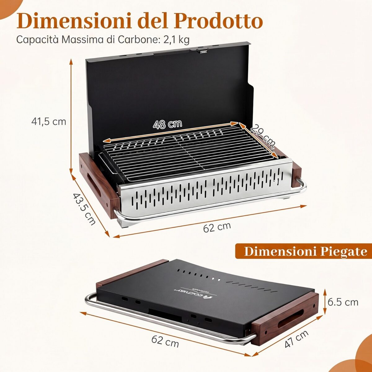 Costway Barbecue a carbonella portatile con griglia regolabile in altezza, Barbecue carbone da tavolo con vaschetta in smalto rimovibile L - immagine 5