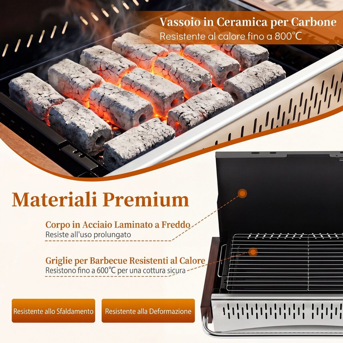 Costway Barbecue a carbonella portatile con griglia regolabile in altezza, Barbecue carbone da tavolo con vaschetta in smalto rimovibile L - immagine 8
