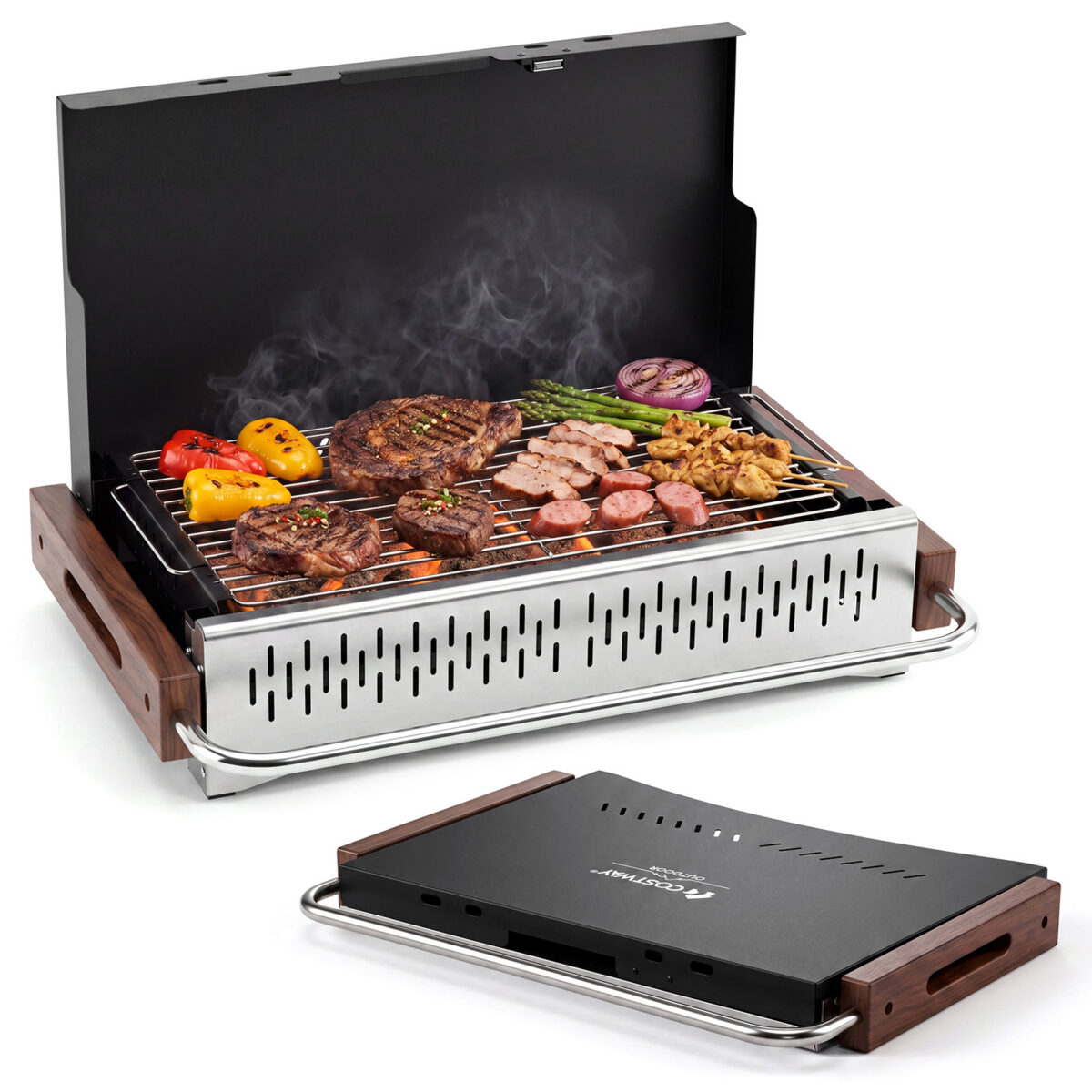 Costway Barbecue a carbonella portatile con griglia regolabile in altezza, Barbecue carbone da tavolo con vaschetta in smalto rimovibile L - immagine 4