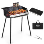 Costway Barbecue carbonella con griglia regolabile in altezza paravento laterali, Barbecue con gambe smontabili pinza per carbone - immagine 4