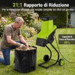 Costway Biotrituratore elettrico 2500 w cippatore trita legno per rami e arbusti 45 mm, Trinciatrice da giardino a rullo Verde - immagine 6