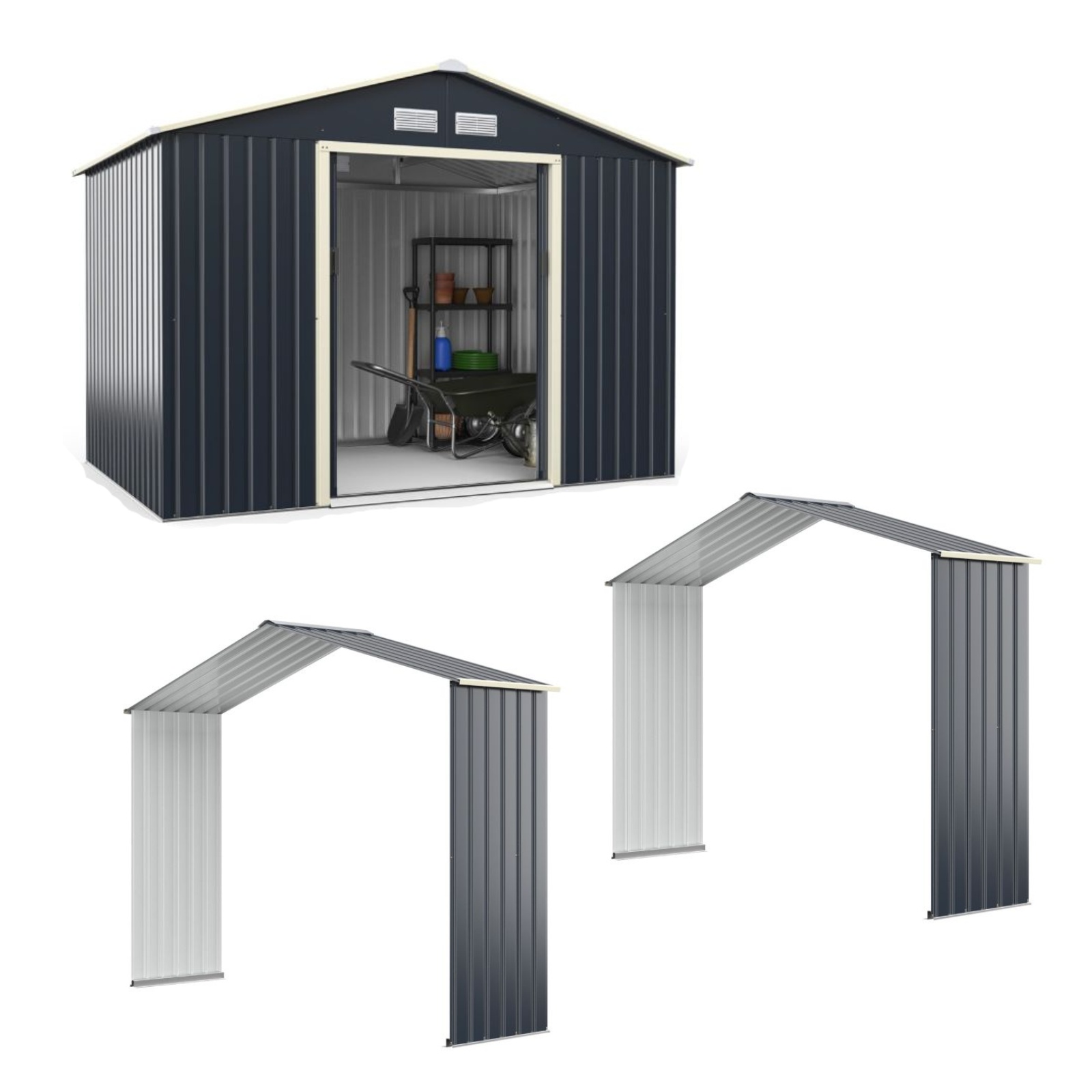 Capanno-degli-attrezzi-di-metallo-con-2-kit-di-estensione-abbinato-mediaId103810856-1775100065.jpg Costway Capanno degli attrezzi di metallo con 2 kit di estensione abbinato, Casetta da giardino con estensione per casetta - immagine 1