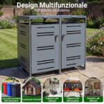 Costway Capanno esterno per bidoni della spazzatura con porte blocchettabili con chiavi, Rifugio per bidoni per patio cortile e giardino 1 Pezzo Grigio - immagine 6