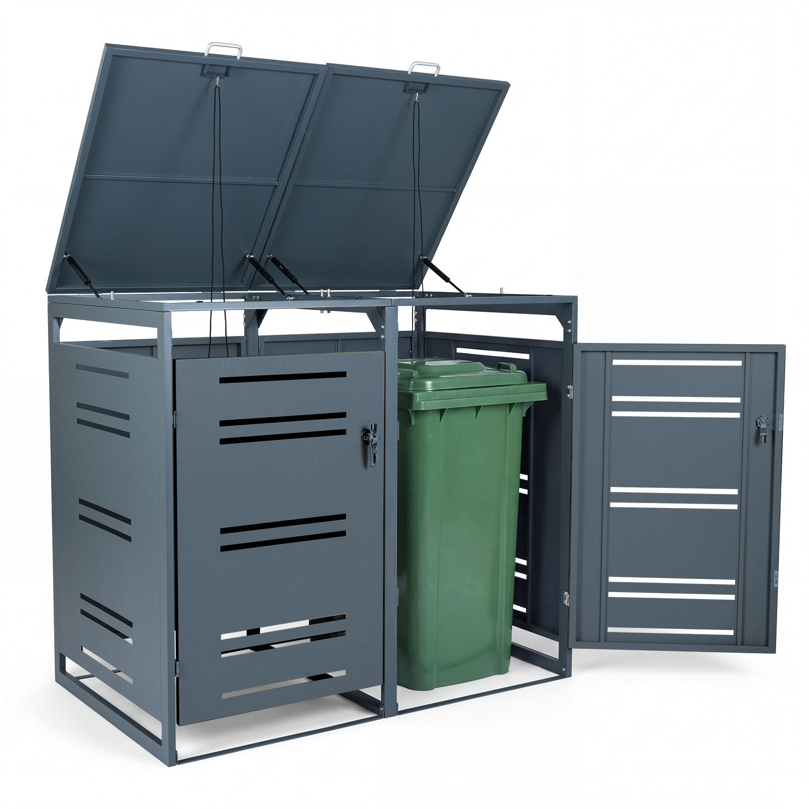 Capanno-esterno-per-bidoni-della-spazzatura-con-porte-blocchettabili-con-chiavi-mediaId103799764-1774592075.jpg Costway Capanno esterno per bidoni della spazzatura con porte blocchettabili con chiavi, Rifugio per bidoni per patio cortile e giardino 1 Pezzo Grigio - immagine 1