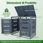 Costway Capanno esterno per bidoni della spazzatura con porte blocchettabili con chiavi, Rifugio per bidoni per patio cortile e giardino 2 Pezzi Grigio - immagine 6
