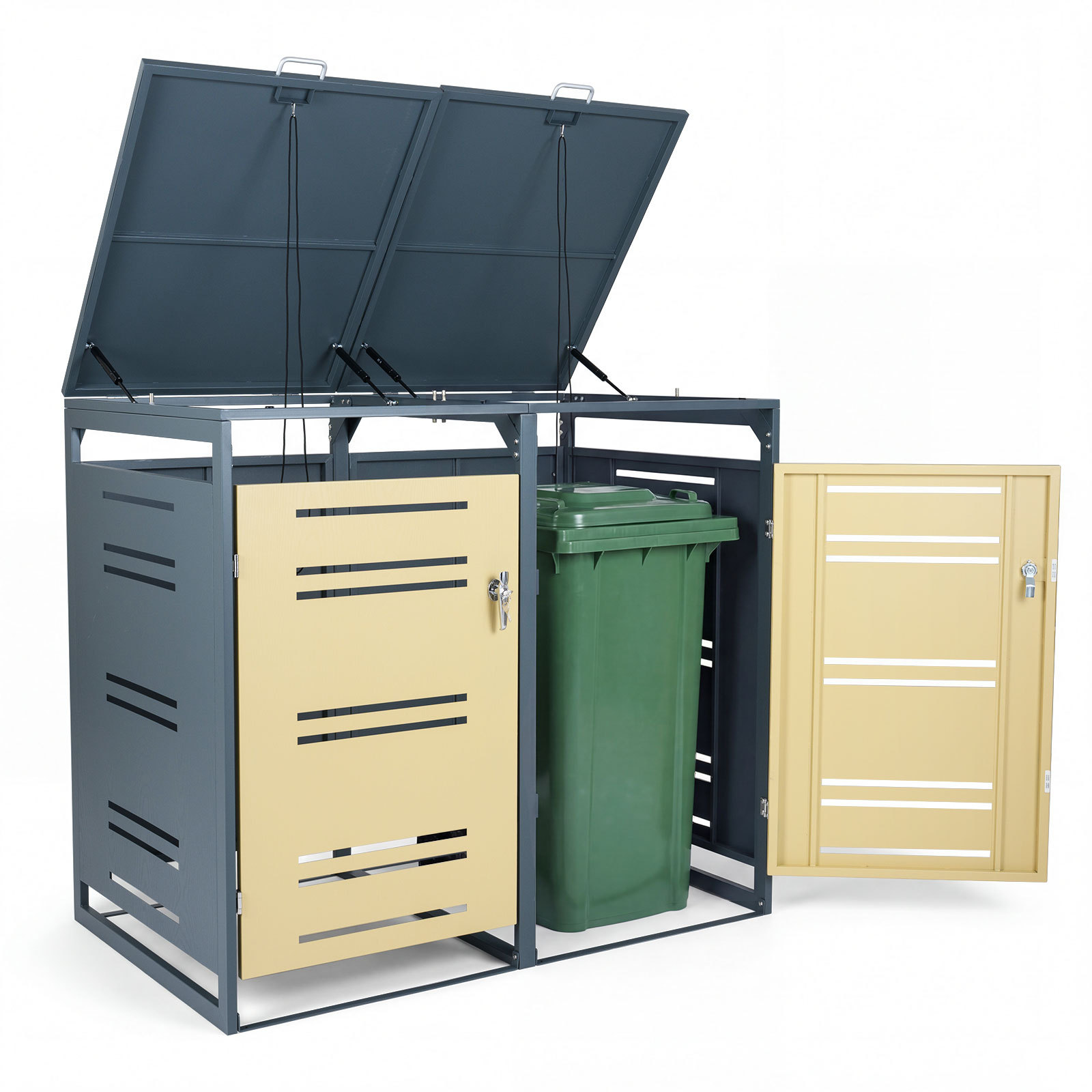 Capanno-esterno-per-bidoni-della-spazzatura-con-porte-blocchettabili-con-chiavi-mediaId105186576-1784532643.jpg Costway Capanno esterno per bidoni della spazzatura con porte blocchettabili con chiavi, Rifugio per bidoni per patio cortile e giardino 2 Pezzi Giallo - immagine 1