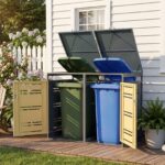 Costway Capanno esterno per bidoni della spazzatura con porte blocchettabili con chiavi, Rifugio per bidoni per patio cortile e giardino 2 Pezzi Giallo - immagine 2