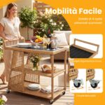Costway Carrello bar da esterno con 4 ruote 3 ripiani aperto e maniglia laterale, Carrello portavivande in rattan - immagine 10