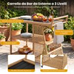 Costway Carrello bar da esterno con 4 ruote 3 ripiani aperto e maniglia laterale, Carrello portavivande in rattan - immagine 9
