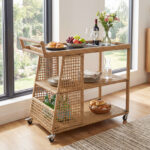 Costway Carrello bar da esterno con 4 ruote 3 ripiani aperto e maniglia laterale, Carrello portavivande in rattan - immagine 4
