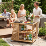 Costway Carrello bar da esterno con 4 ruote 3 ripiani aperto e maniglia laterale, Carrello portavivande in rattan - immagine 2