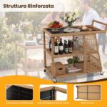 Costway Carrello bar da esterno con 4 ruote 3 ripiani aperto e maniglia laterale, Carrello portavivande in rattan - immagine 8