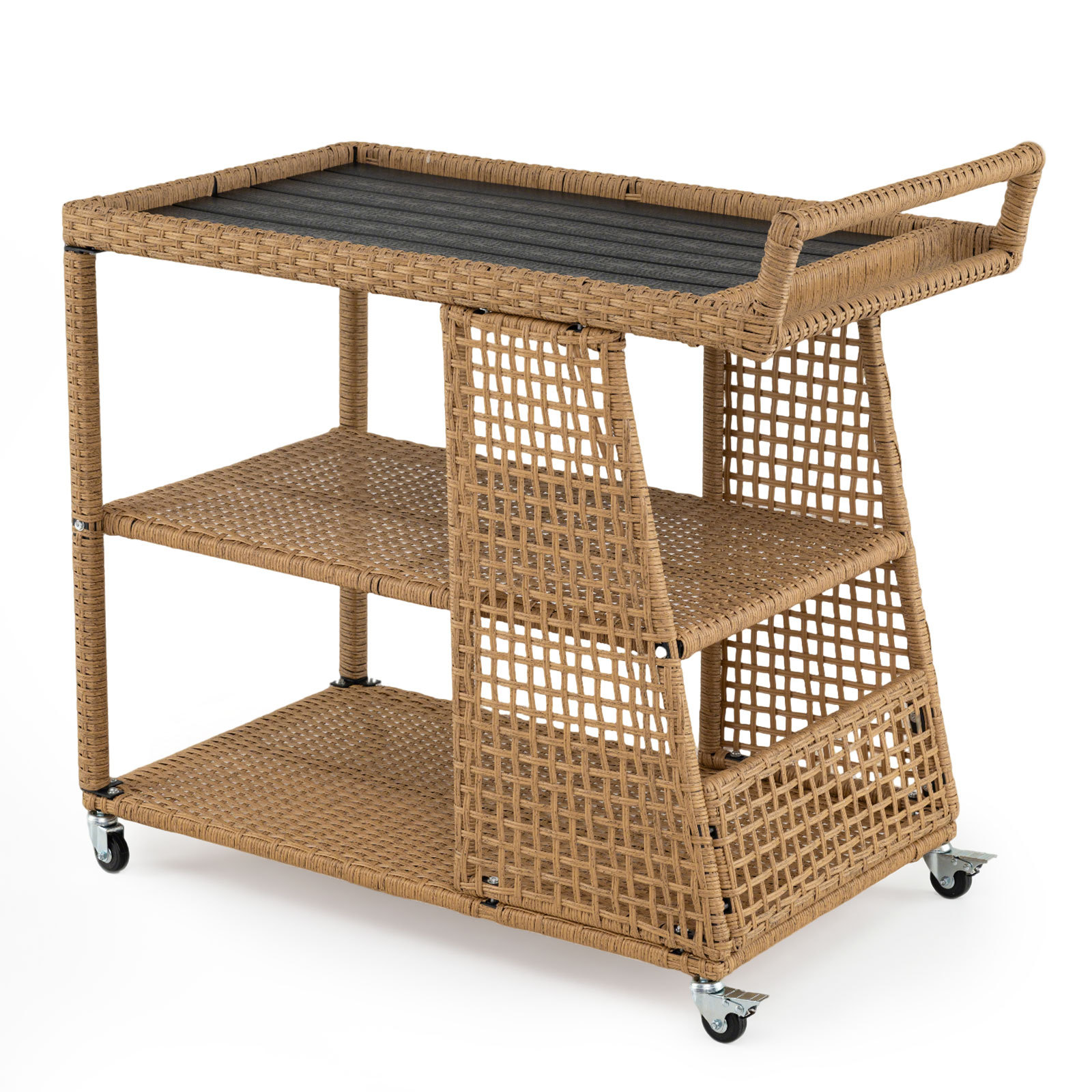 Carrello-bar-da-esterno-con-4-ruote-3-ripiani-aperto-e-maniglia-laterale-mediaId104238230-1778134827.jpg Costway Carrello bar da esterno con 4 ruote 3 ripiani aperto e maniglia laterale, Carrello portavivande in rattan - immagine 1