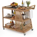Costway Carrello bar da esterno con 4 ruote 3 ripiani aperto e maniglia laterale, Carrello portavivande in rattan - immagine 5