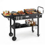 Costway Carrello barbecue pieghevole 4 ruote con portaspezie e magnete, Tavolo da griglia per giardino con apribottiglie e ganci